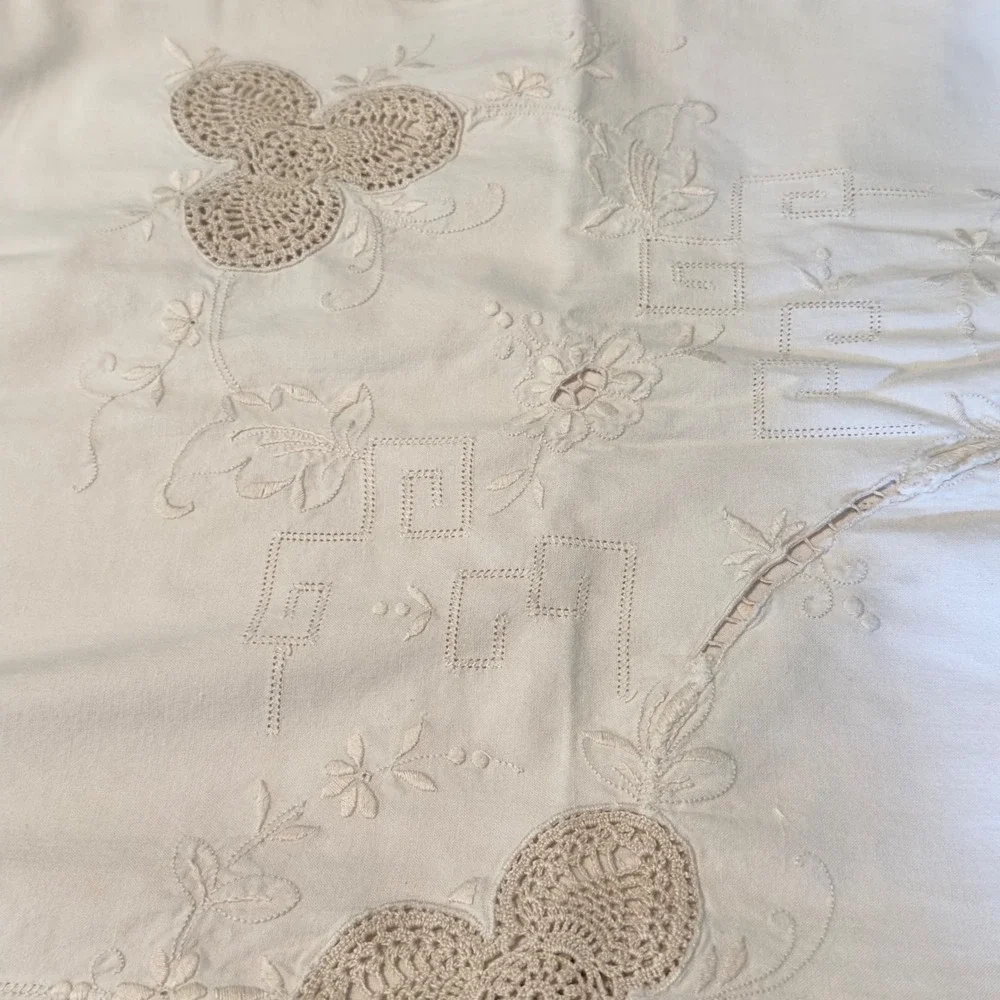 Vintage Tablecloth Embroidered Crochet Lace 60x96 Cream Victorian Cottagecore
